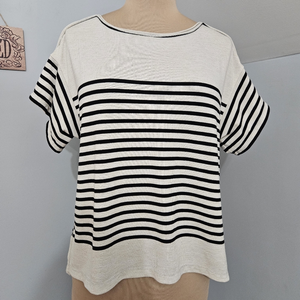 Max Studio Striped Short Sleeve Knit Top Ivory Black Medium Basic Casual Neutral